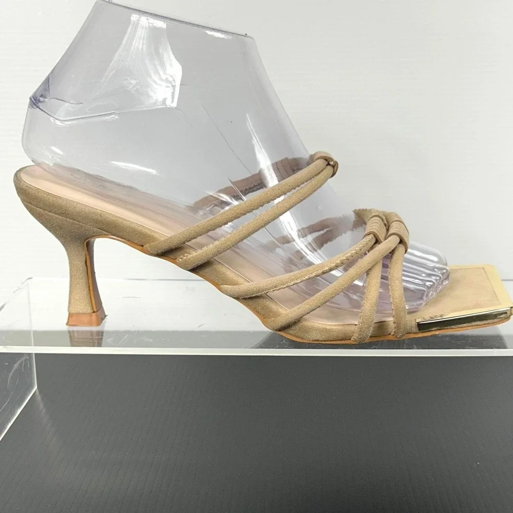 Torgeis New York Size 7.5 Suede Tan Sandals Strappy Heel Mule NEW MEDINILLA $100